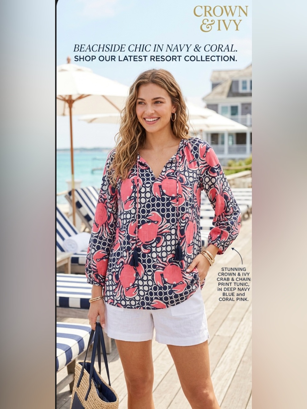 NWT ~ Crown & Ivy Navy, White & Coral Crab Print V-Neck Tunic ~ Size S